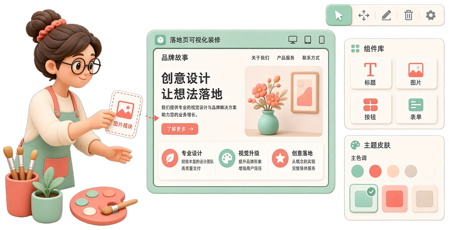 把沃防伪落地页可视化装修场景:DIY编辑器与品牌组件库