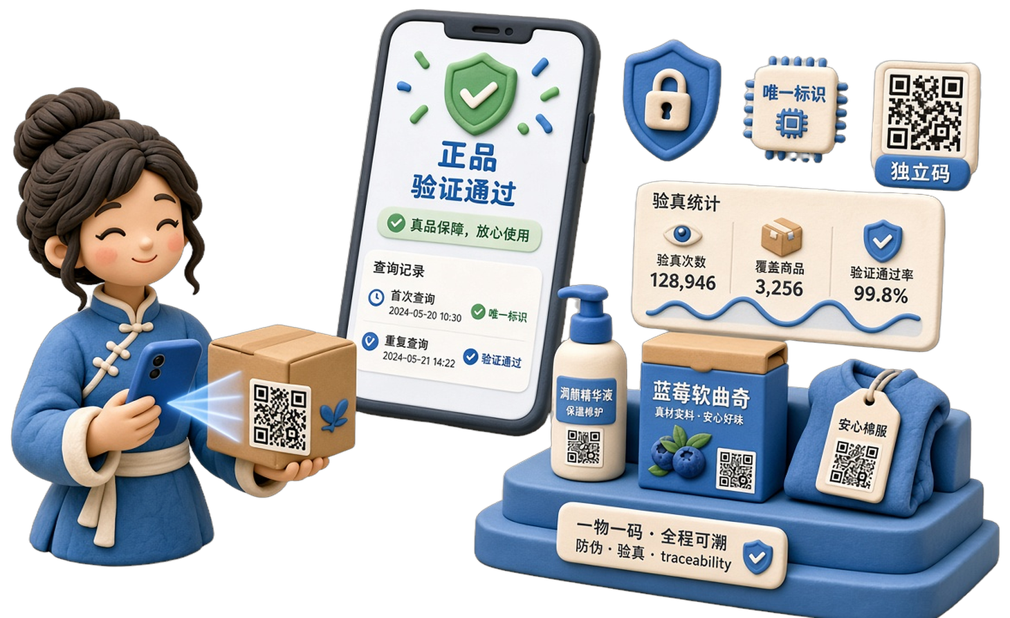 把沃防伪溯源一物一码防伪验真场景:商品赋码与手机扫码核验正品